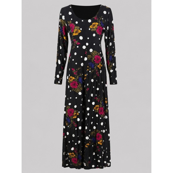 Matty Dresses & Skirts - Matty Vintage 90s Black Floral Polka Dot Long Sleeve Maxi Dress Scoop Neck Rayon
